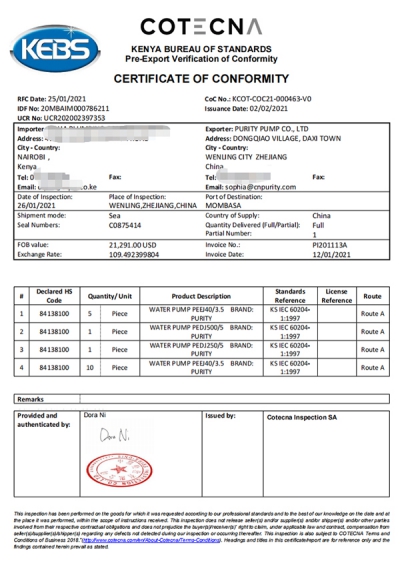 PVOC Certificate Export to African Countries (Kenya)